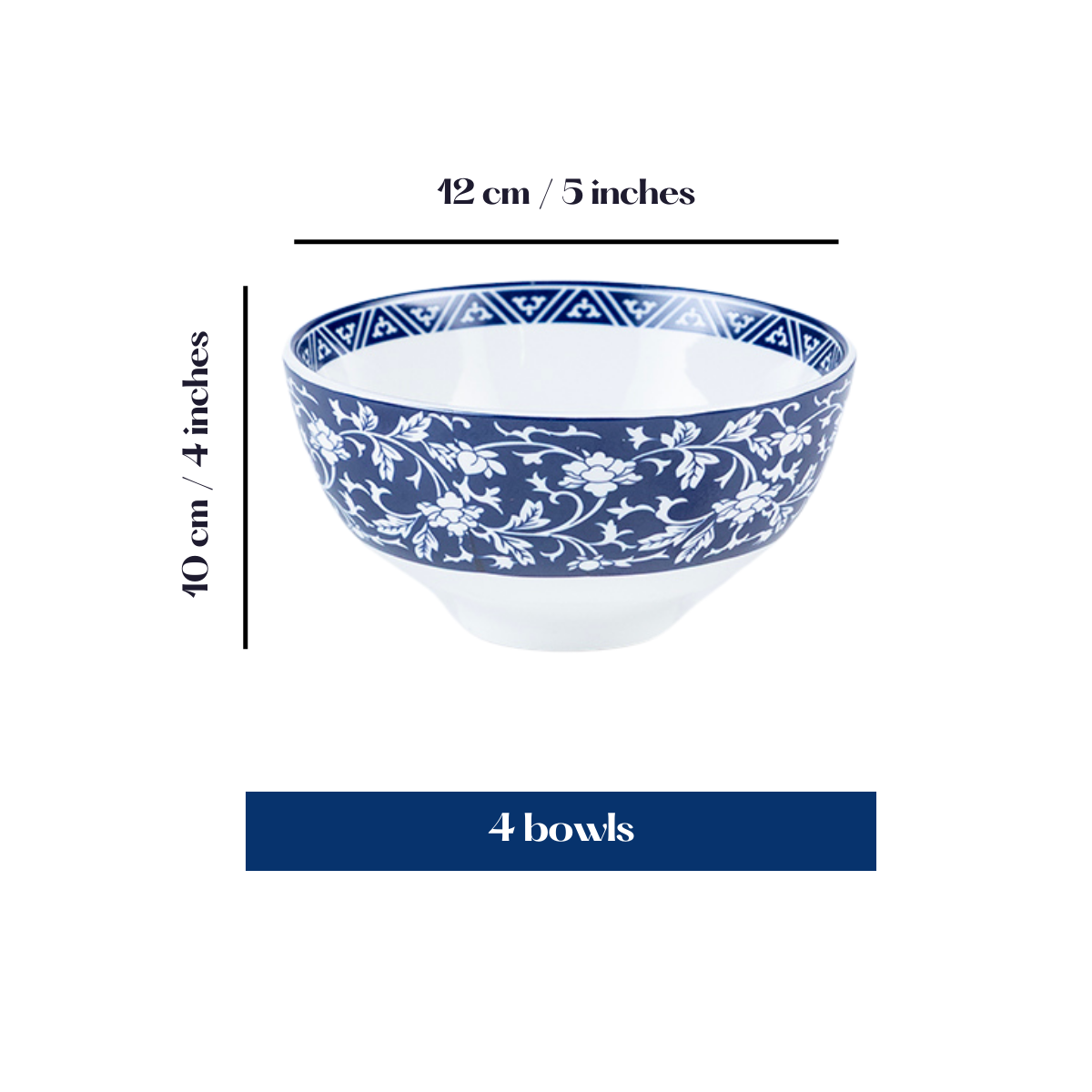 Indigo Floral Porcelain Bowls for Snacks - Set of 4 Pieces, 5 inch Wide