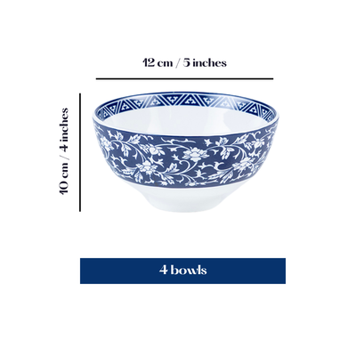 Indigo Floral Porcelain Bowls for Snacks - Set of 4 Pieces, 5 inch Wide