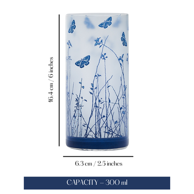 Blue Shrubs & Butterfly Glass Tumblers - Set of 6 (300ML)