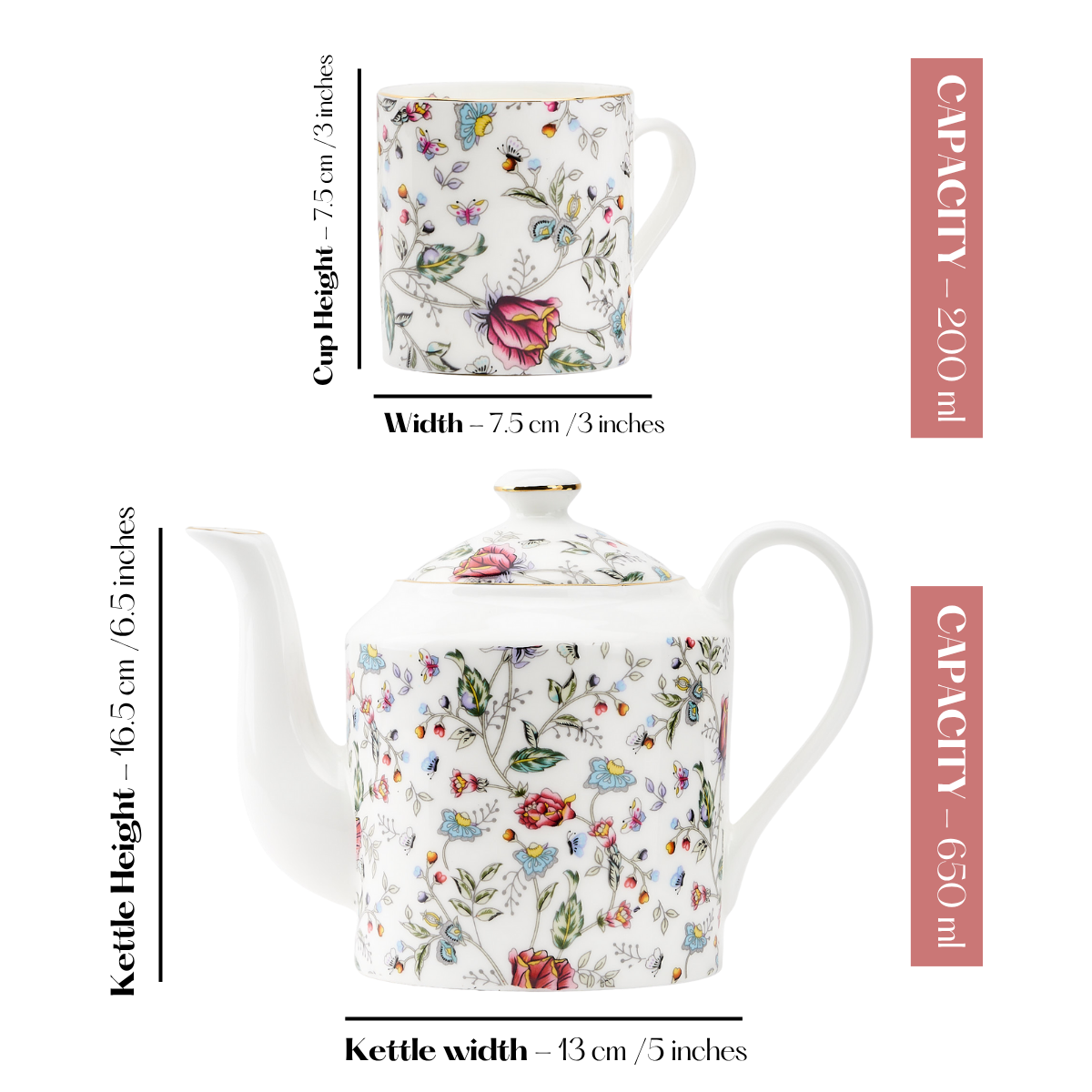 Pink Shrub Tea Cups & Kettle - 6 Cups & 1 Kettle