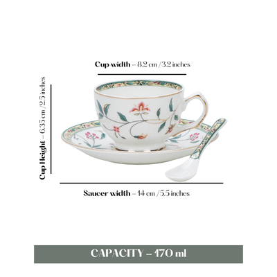 Leafy Blush & Pink Charm Cup & Saucer Set | 6 Cups, 6 Saucers & 6 Spoons
