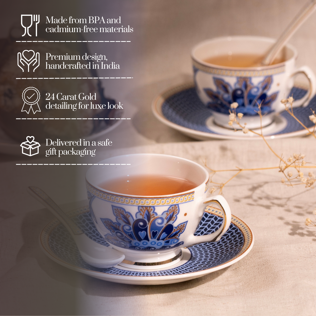 Midnight Bloom Cup & Saucer Set | 6 Cups, 6 Saucers & 6 Spoons
