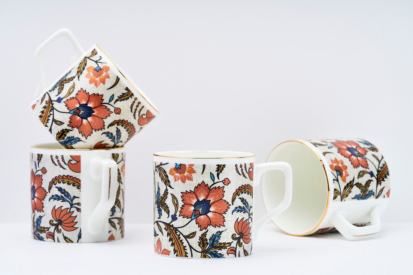 Metallic Amber Blooms Tea/ Coffee Cups - Set of 6, 200 ml