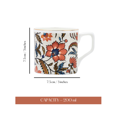 Metallic Amber Blooms Tea/ Coffee Cups - Set of 6, 200 ml