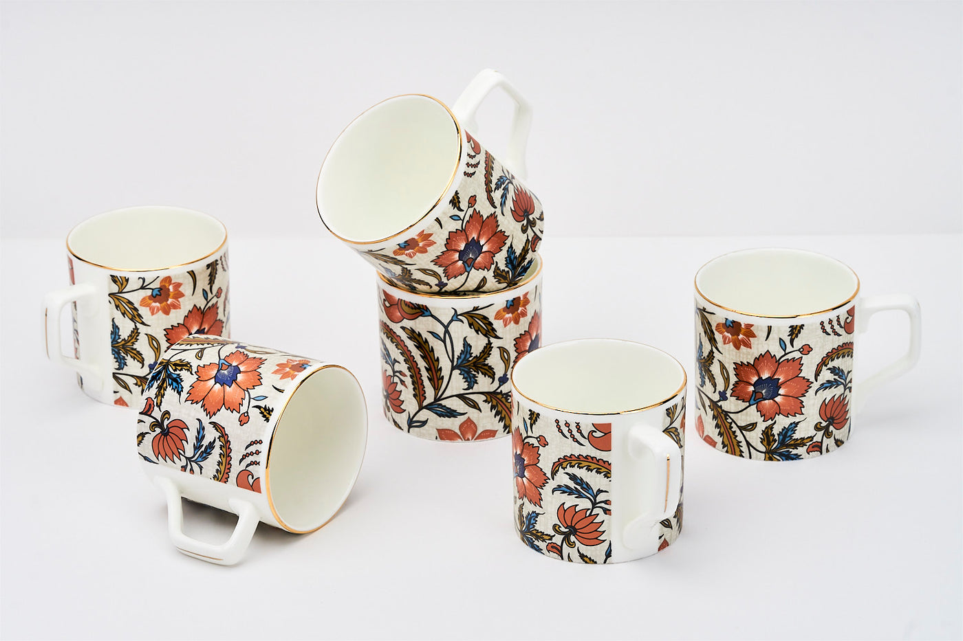 Metallic Amber Blooms Tea/ Coffee Cups - Set of 6, 200 ml