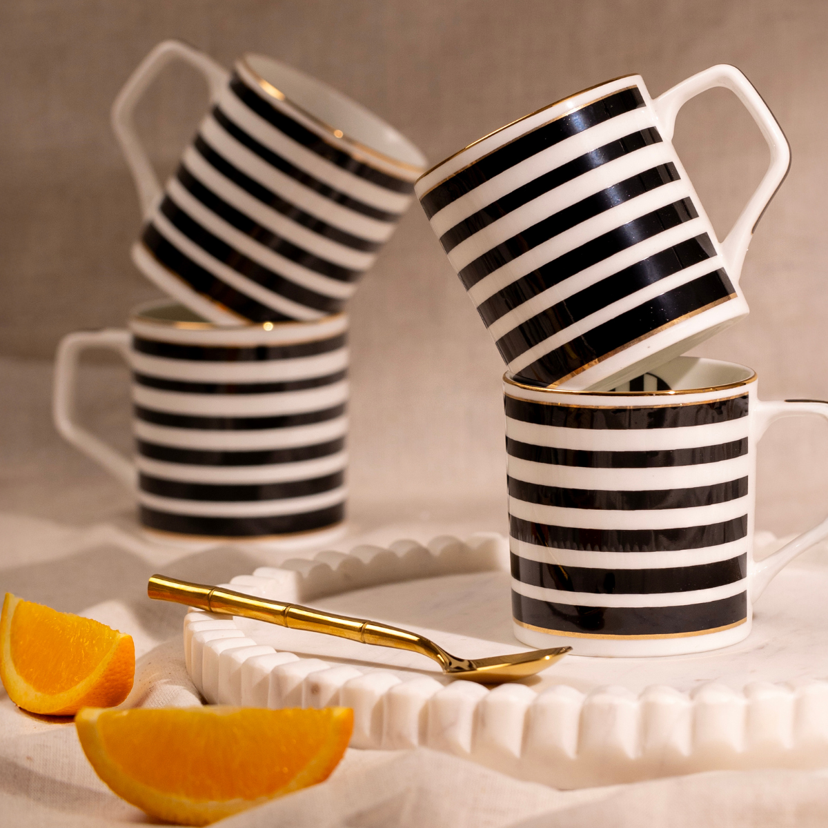 Monochrome Stripes Tea/ Coffee Cups - Set of 6, 200 ml