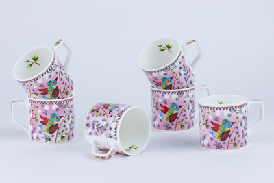 Heritage Birds & Leaves in Pink Coffee Set - 6 Cups & 1 Kettle