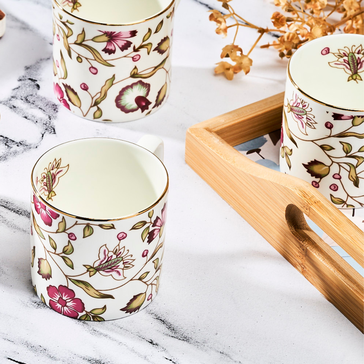 Pink & white blossom Tea/ Coffee Cups - Set of 6, 200 ml