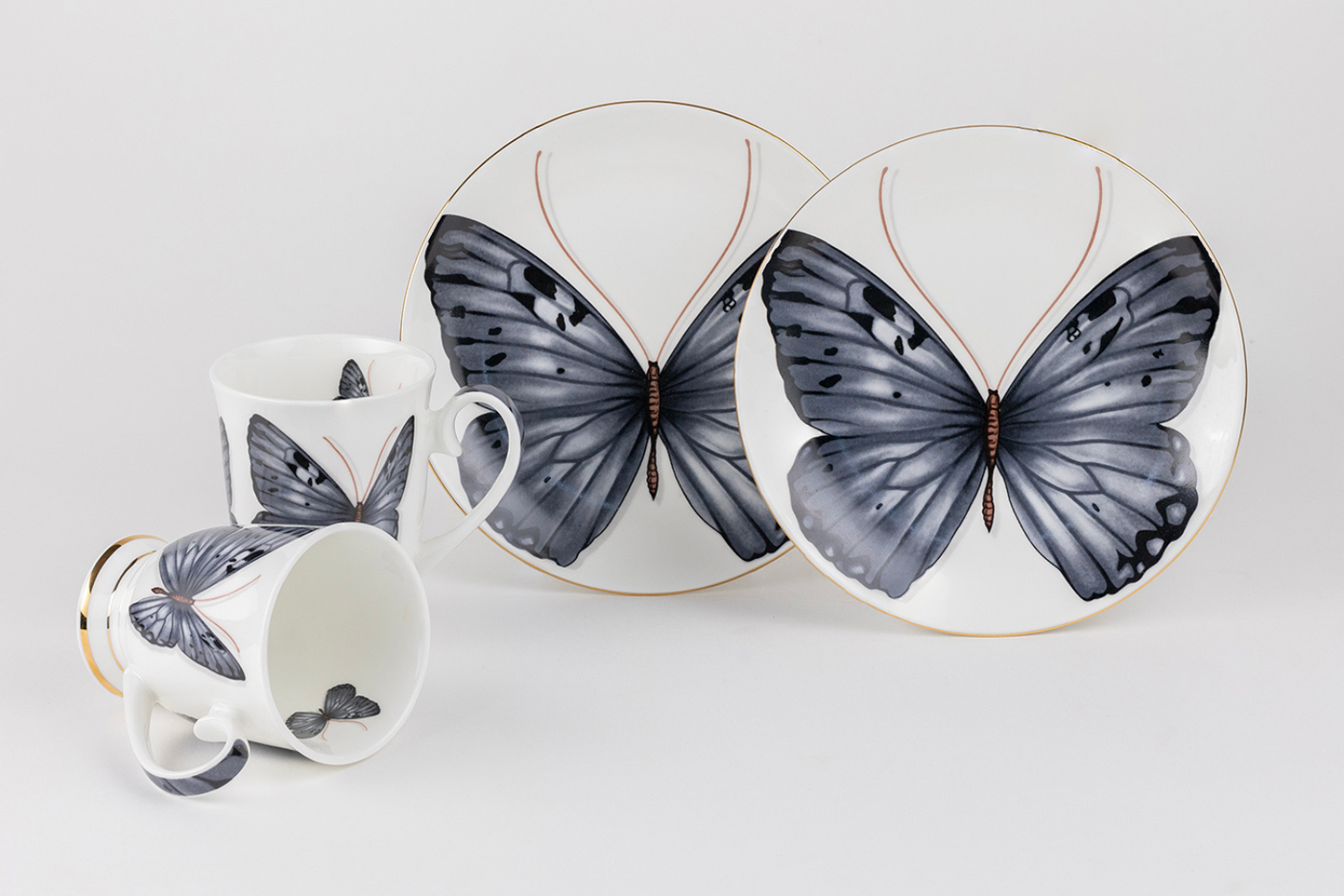 Grey Monarch Butterfly Sip & Serve Set - 2 mugs & 2 plates (Copy)