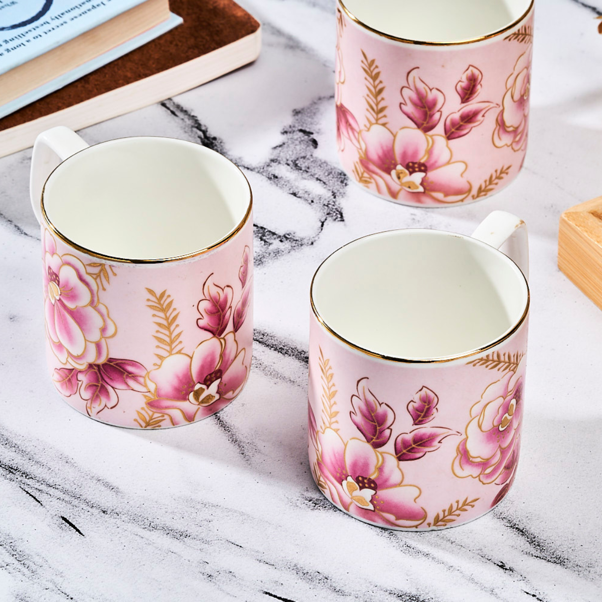 Pink & Gold Blossom Luxury Bone China Tea & Coffee Cup Set – 6 Cups, 200 ml, Elegant Gold Floral Design