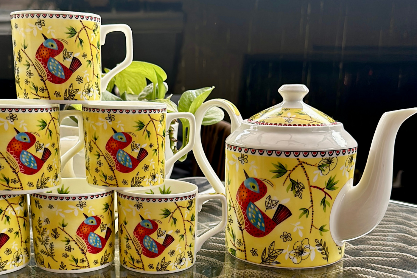 Heritage Birds & Leaves in Yellow Coffee Set - 6 Cups & 1 Kettle