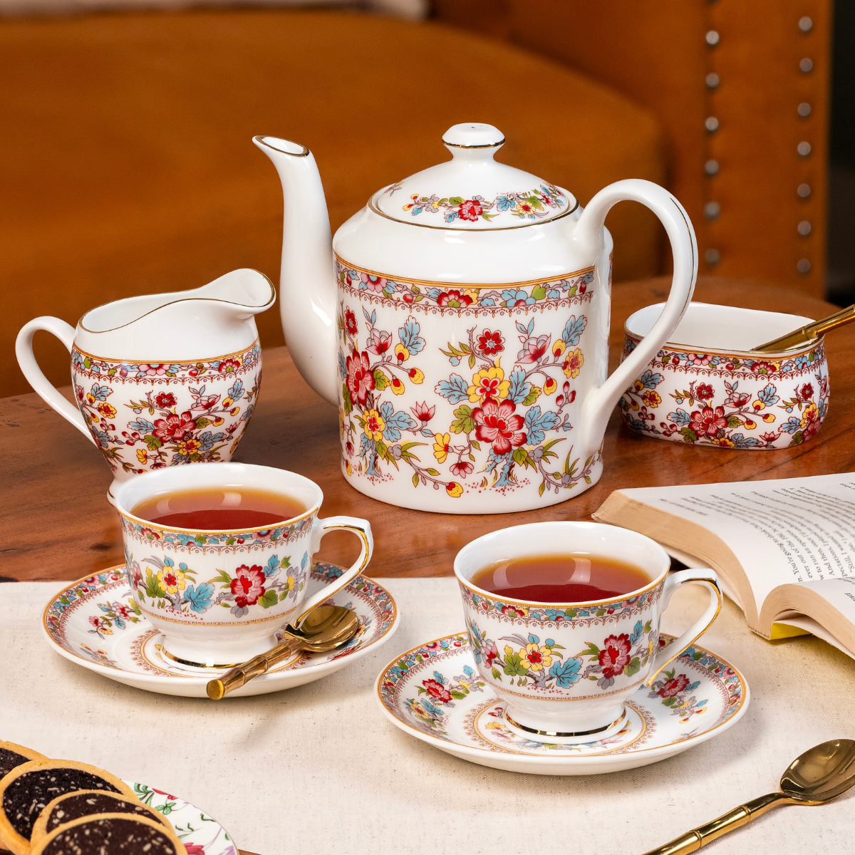 Victorian Bloom 15 piece Tea Set - 6 Cups & 6 Saucer, 1 Kettle, 1 Milk Pot & 1 Sugar Pot