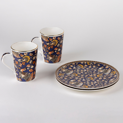 Kalamkari Hues in Blue Mug & Snack Plate Set - 2 mugs (200 ml) & 2 plates (7 inches)