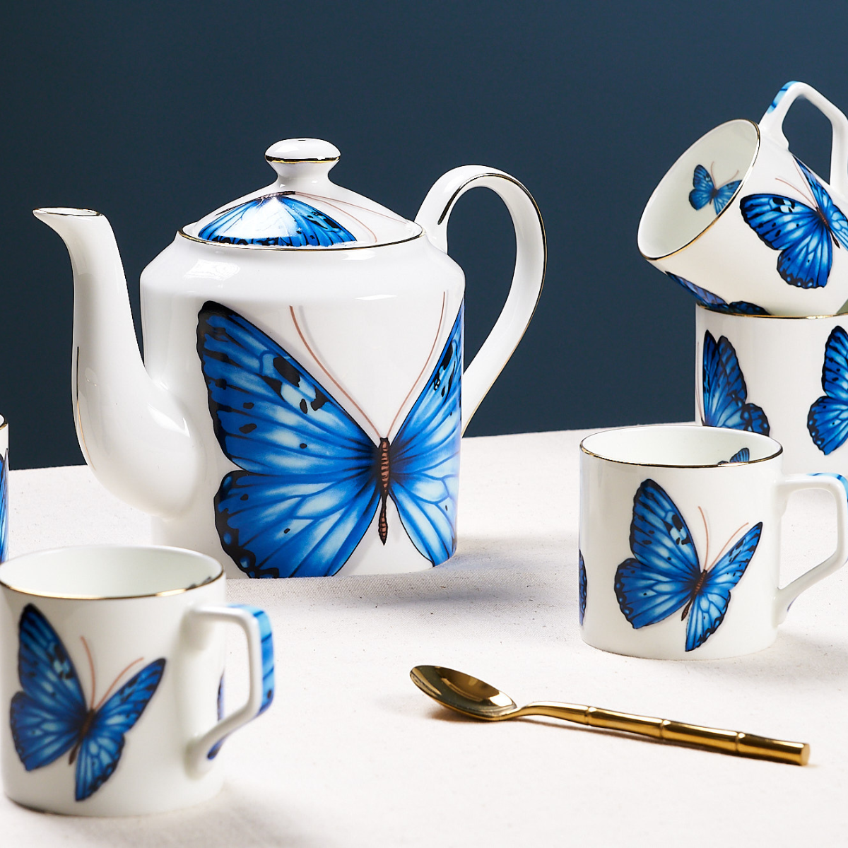 Blue Monarch Butterfly Tea Cups & Kettle - 6 Cups & 1 Kettle