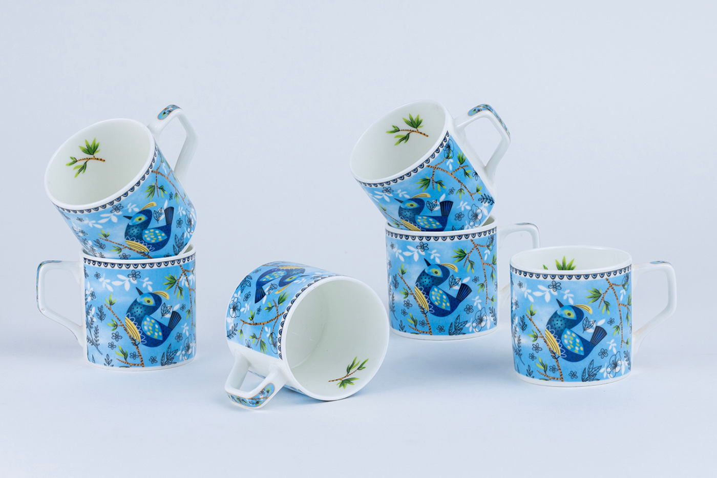 Heritage Birds & Leaves in Blue Coffee Set - 6 Cups & 1 Kettle