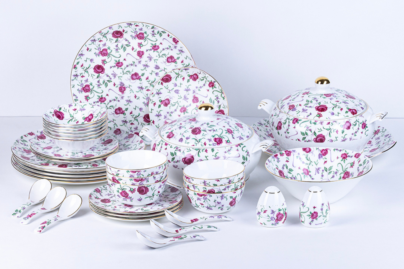 Button Rose Ceramic Dinner Set – 18 & 38 Piece, Elegant Rose Print, Serving 6