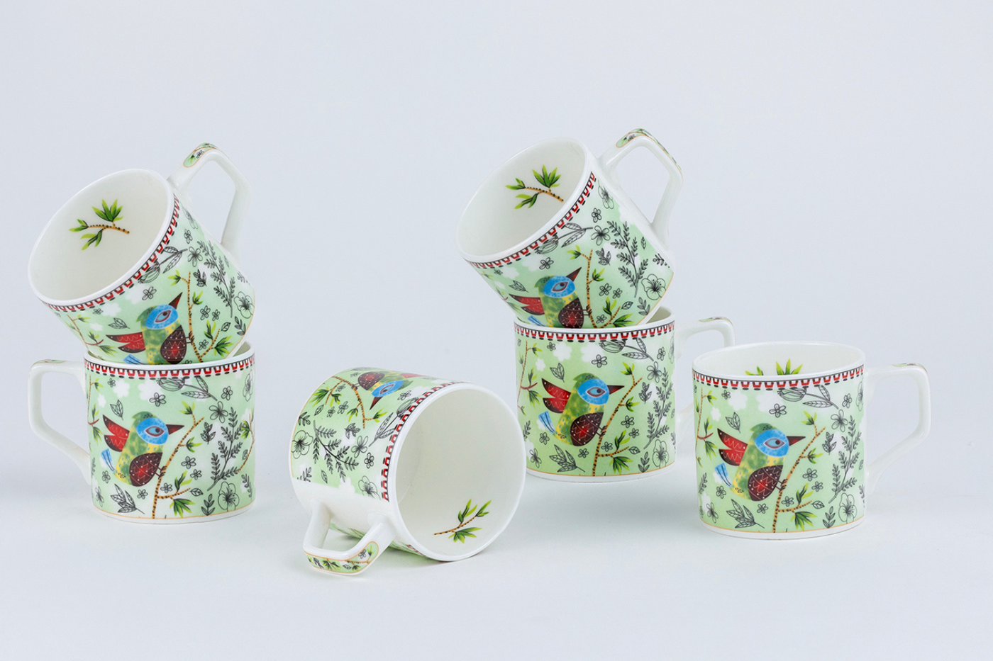 Heritage Birds & Leaves in Green Coffee Set - 6 Cups & 1 Kettle