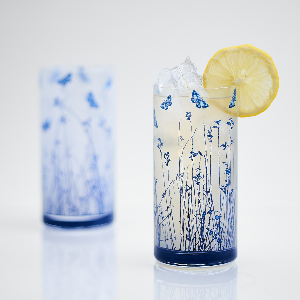 Blue Shrubs & Butterfly Glass Tumblers - Set of 6 (300ML)