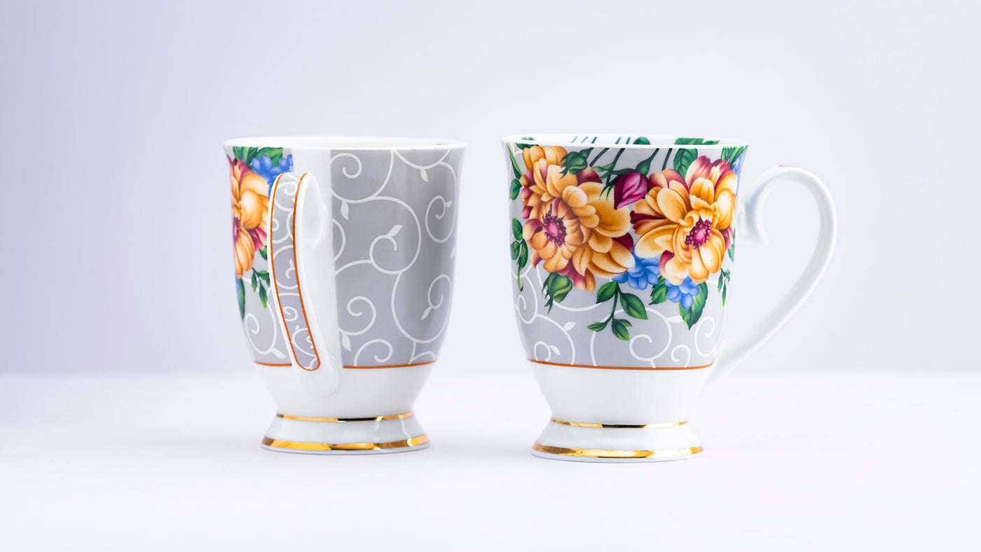 Yellow blossom footed mug (Grey) – Set of 2