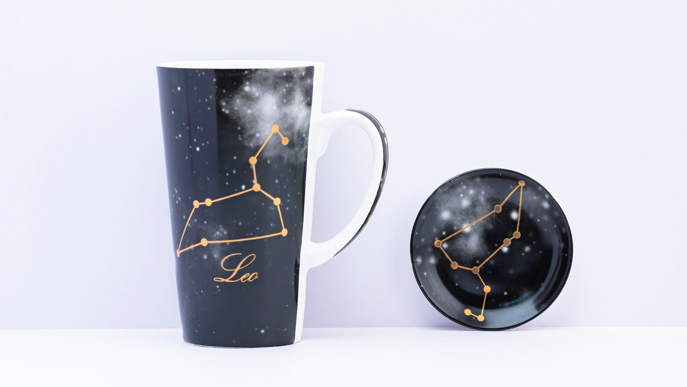 Zodiac Symphony (Leo black) mug– Set of 1 tall mug & coaster