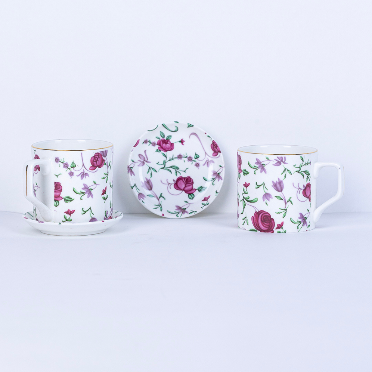Button Rose Tea Cup & Coaster Set – 6 Cups + 6 Coasters, 200 ml, Premium Floral Ceramic Gift Set