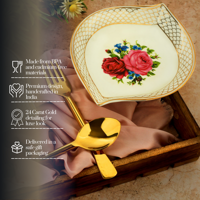 Gilded Red Rose Leaf Platter with 24K Gold detailing (7 inch wide) - Set of 2