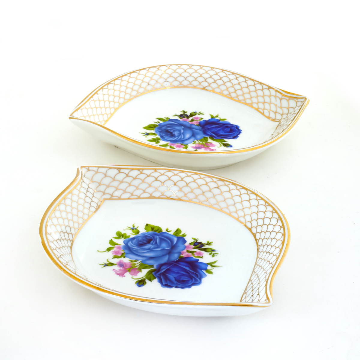 Gilded Blue Rose Leaf Platter with 24K Gold detailing (7 inch wide) - Set of 2