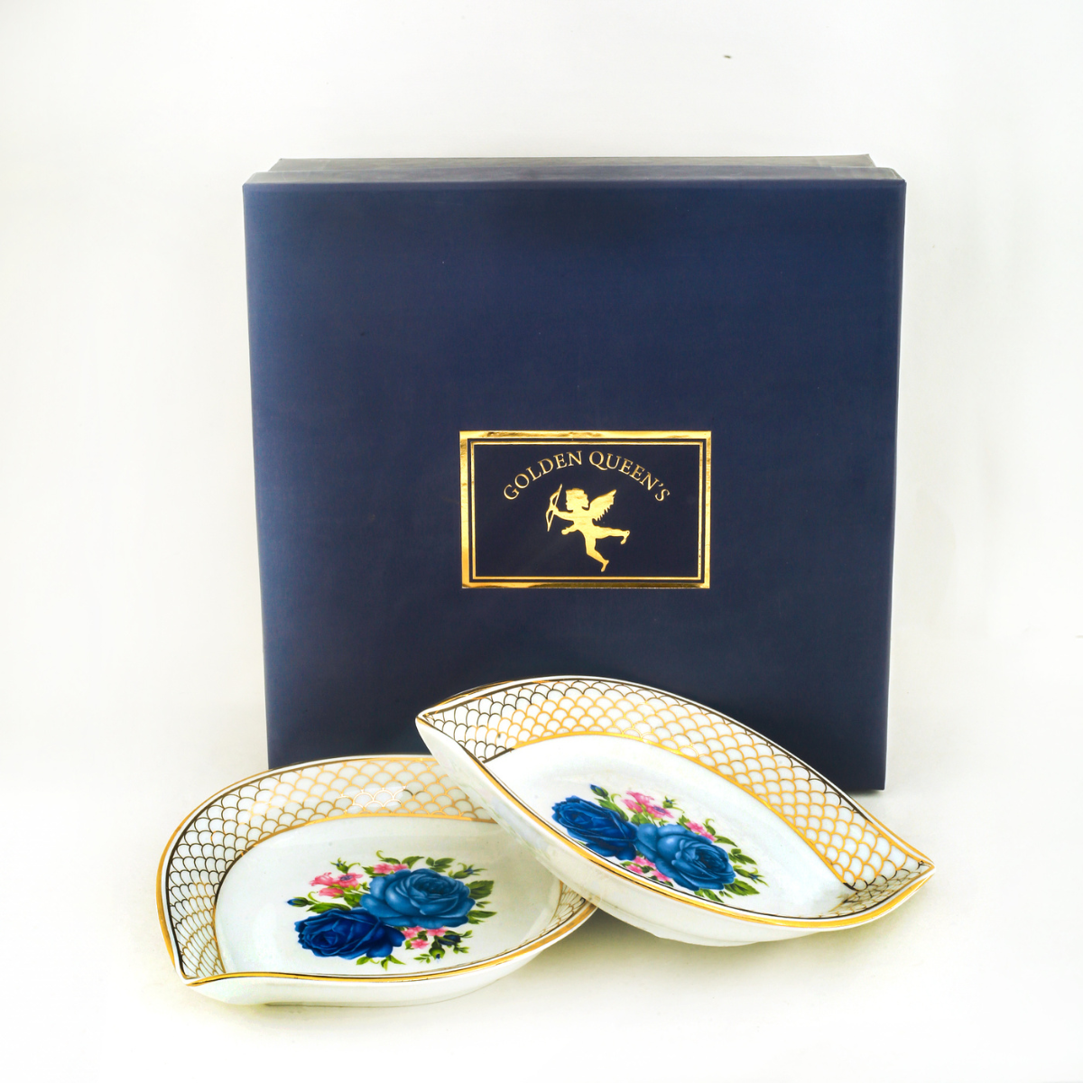 Gilded Blue Rose Leaf Platter with 24K Gold detailing (7 inch wide) - Set of 2