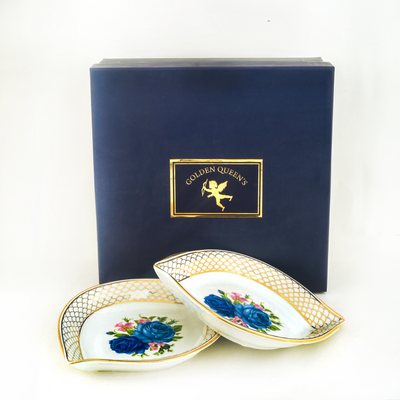 Gilded Blue Rose Leaf Platter with 24K Gold detailing (7 inch wide) - Set of 2