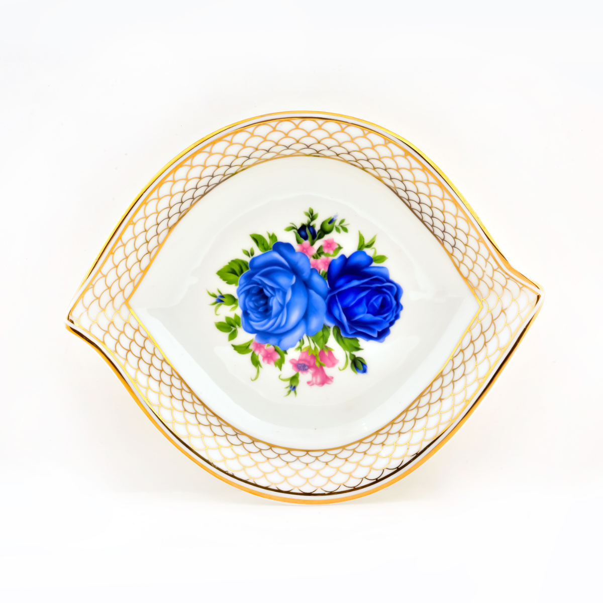 Gilded Blue Rose Leaf Platter with 24K Gold detailing (7 inch wide) - Set of 2