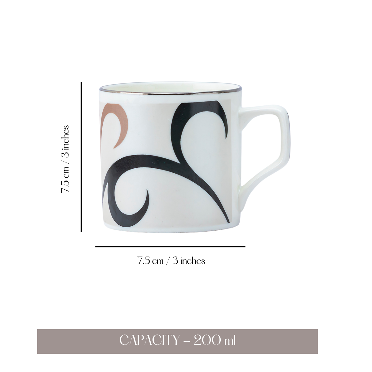 Platinum Black & Brown Tea/ Coffee Cups - Set of 6, 200 ml