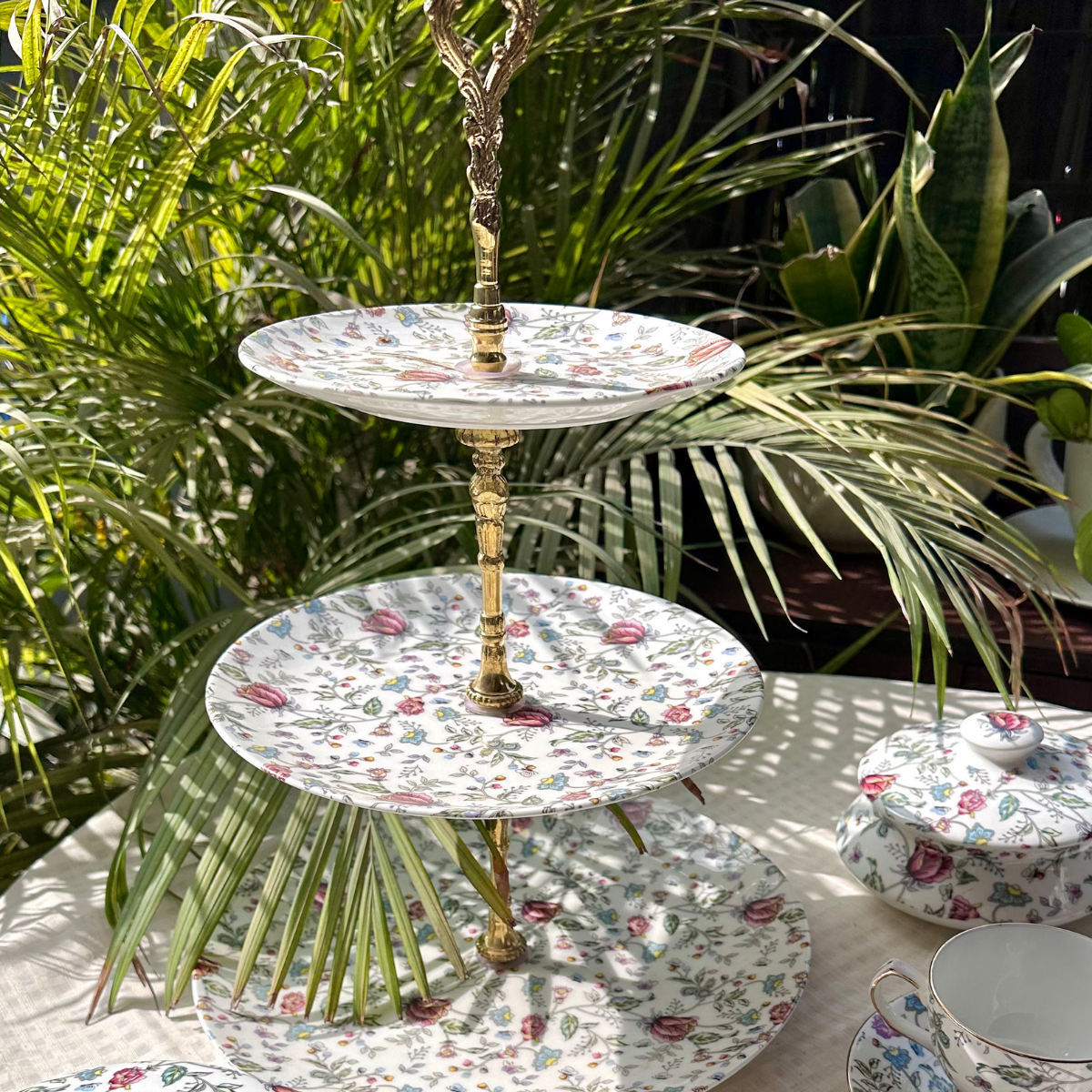 Pink Floral Shrub Three Tier Dessert Stand