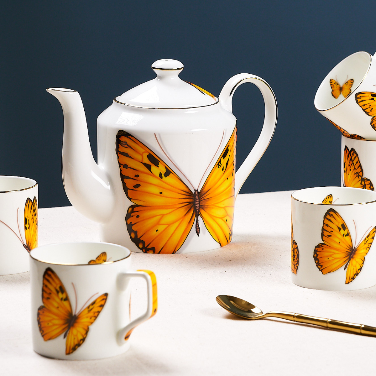Yellow Monarch Butterfly Tea Cups & Kettle - 6 Cups & 1 Kettle