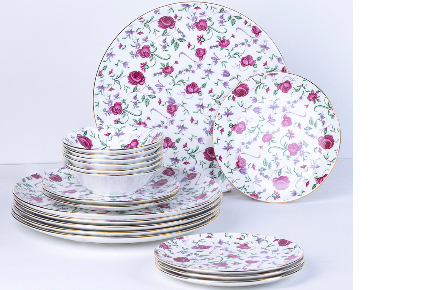 Button Rose Ceramic Dinner Set – 18 & 38 Piece, Elegant Rose Print, Serving 6