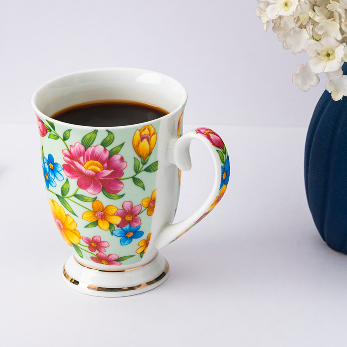 Green floral Coffee/Tea mugs - Set of 2 (300ml each)