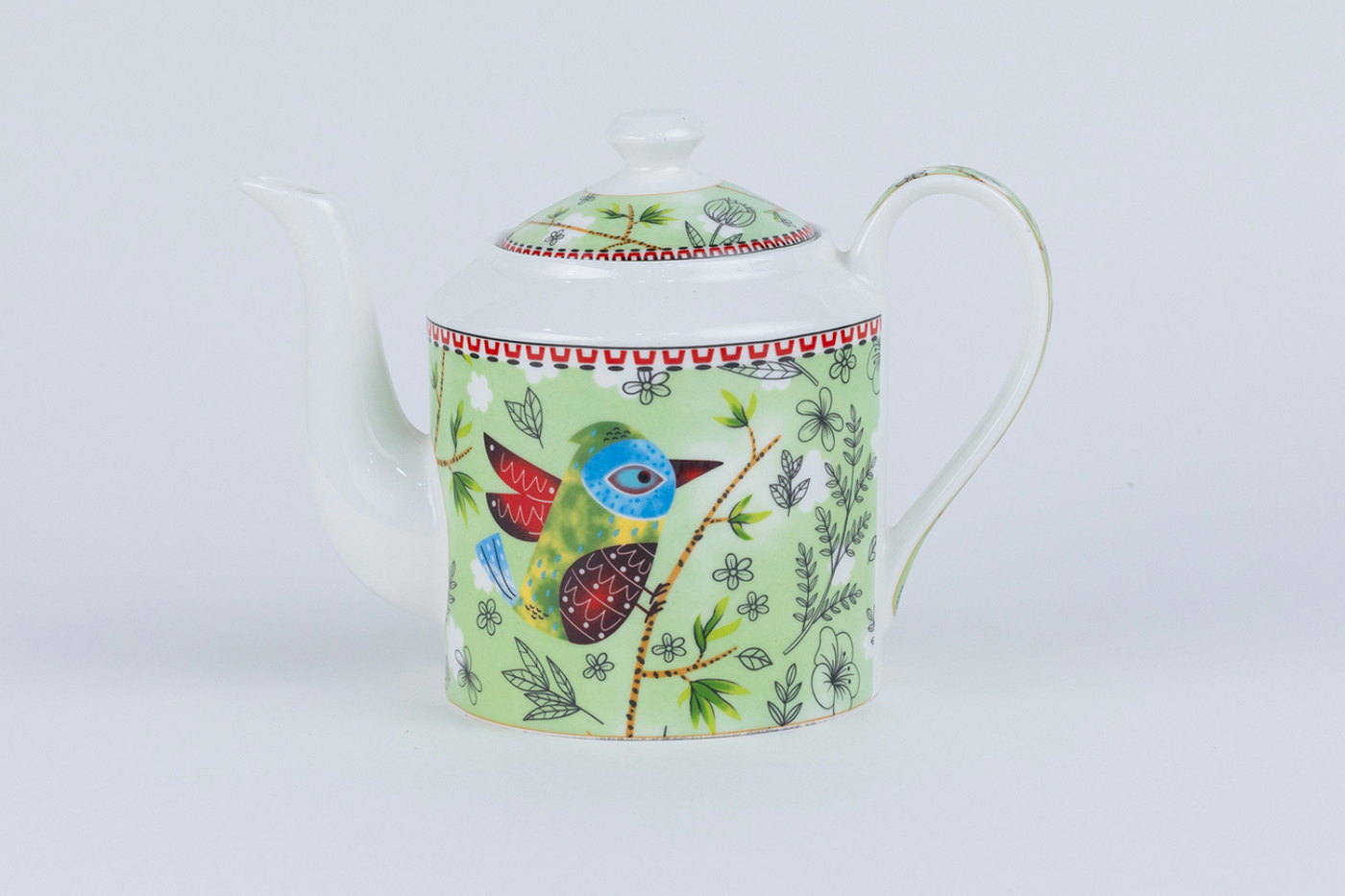 Heritage Birds & Leaves in Green Coffee Set - 6 Cups & 1 Kettle