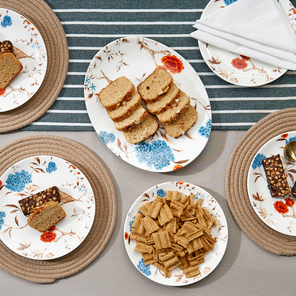 Birdsong and Blooming Blossom  Gathering Set - Set of 1 Oval Platter (10 inch) & 4 Snack Plates (7 inch)