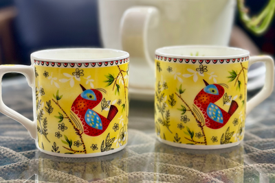 Heritage Birds & Leaves in Yellow Coffee Set - 6 Cups & 1 Kettle