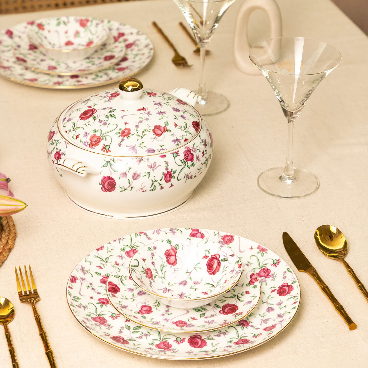 Button Rose Ceramic Dinner Set – 18 & 38 Piece, Elegant Rose Print, Serving 6