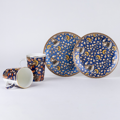 Kalamkari Hues in Blue Mug & Snack Plate Set - 2 mugs (200 ml) & 2 plates (7 inches)