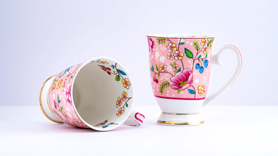 Pink bouquet footed mug – Set of 2