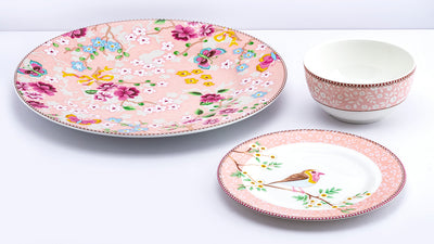 Little Birdie in Pink Ceramic Dinner Set – 12 Piece Crockery, Elegant Floral Design, Serving 4
