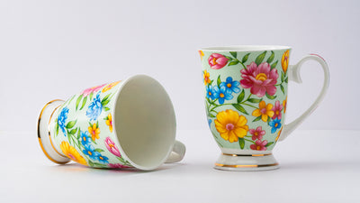 Green floral footed mug – Set of 2