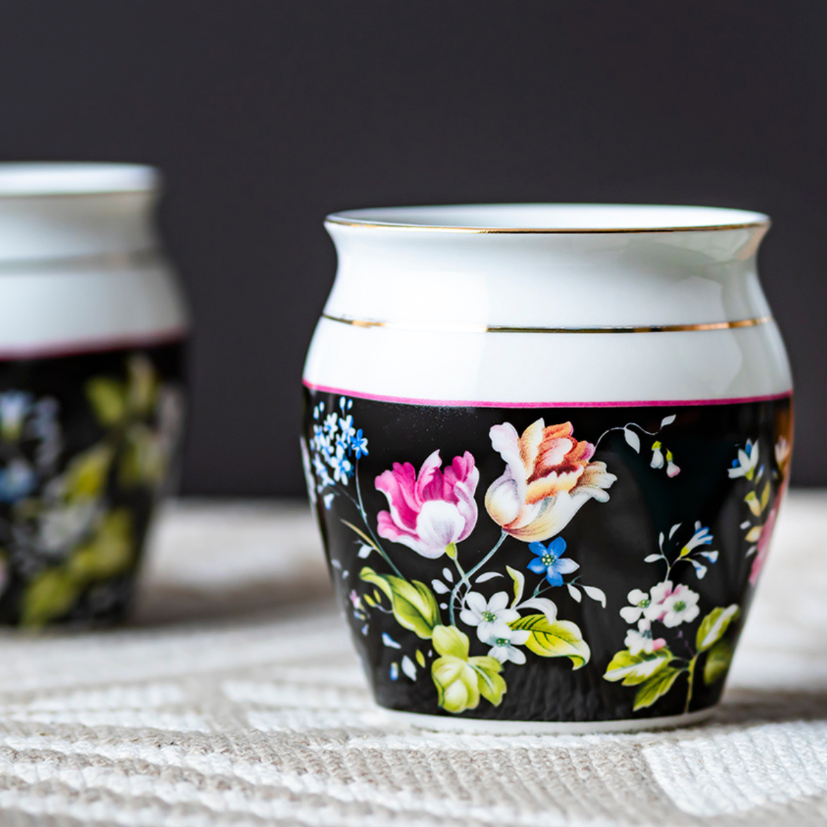 Garden Splendor in Black - Set of 6 Kulhad Tea Cups, 200ml