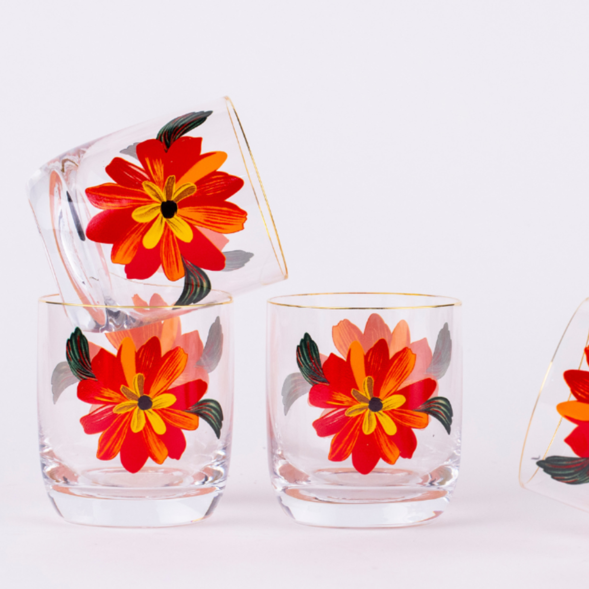 Crimson Petals & Gold Rimmed Tumblers – Set of 6