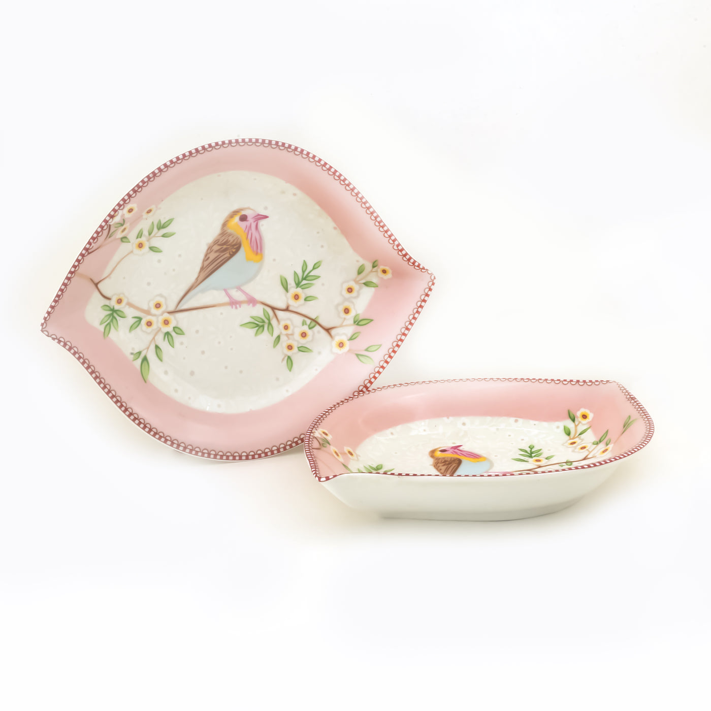 Birdie in Pink Leaf Platter (7 inch wide) - Set of 2