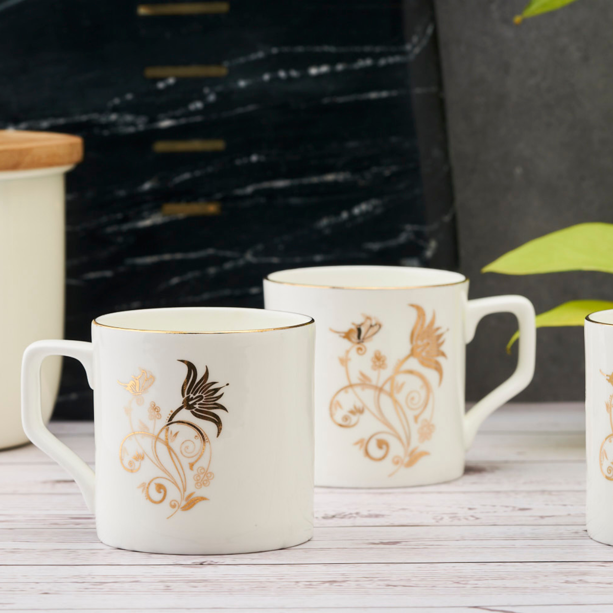 Gold floral motif  mugs – Set of 6 (24K Gold detailing), 200 ml