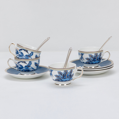 Midnight Bloom Cup & Saucer Set | 6 Cups, 6 Saucers & 6 Spoons