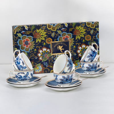 Midnight Bloom Cup & Saucer Set | 6 Cups, 6 Saucers & 6 Spoons