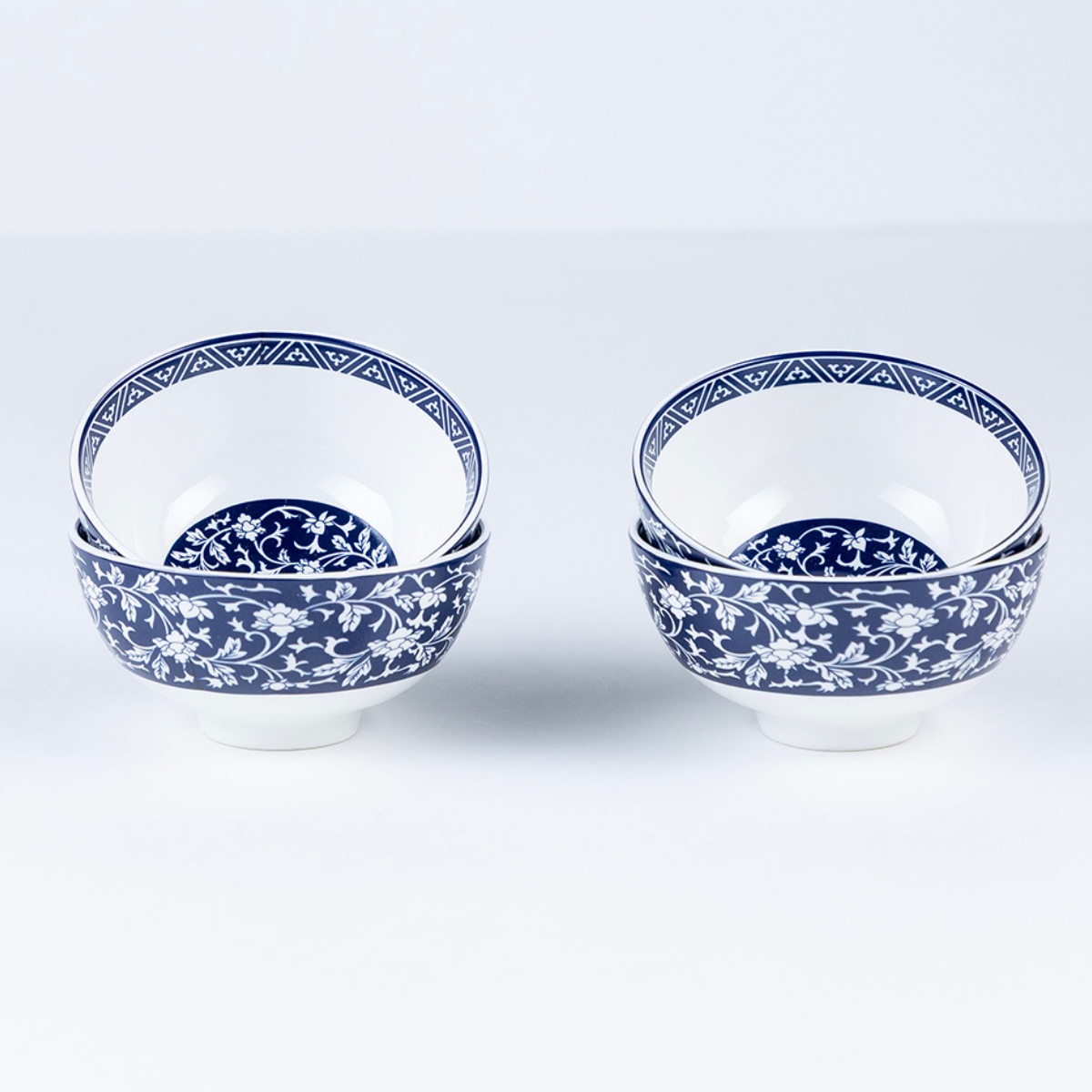 Indigo Floral Porcelain Bowls for Snacks - Set of 4 Pieces, 5 inch Wide